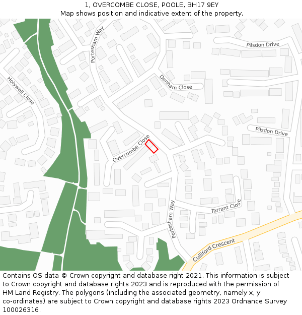 1, OVERCOMBE CLOSE, POOLE, BH17 9EY: Location map and indicative extent of plot