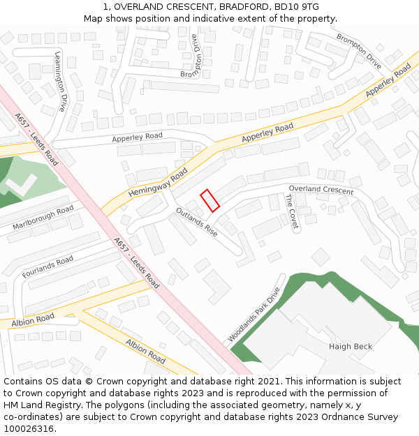 1, OVERLAND CRESCENT, BRADFORD, BD10 9TG: Location map and indicative extent of plot