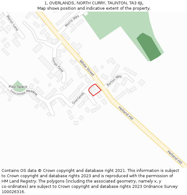 1, OVERLANDS, NORTH CURRY, TAUNTON, TA3 6JL: Location map and indicative extent of plot