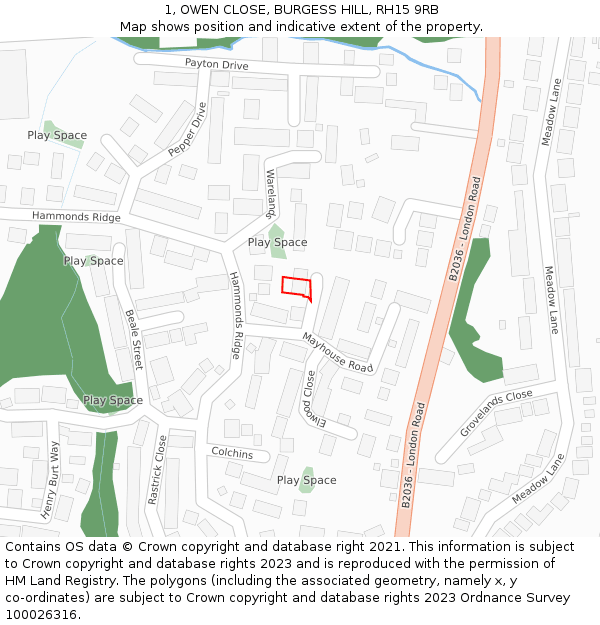 1, OWEN CLOSE, BURGESS HILL, RH15 9RB: Location map and indicative extent of plot