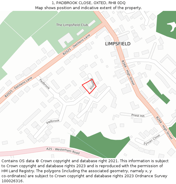 1, PADBROOK CLOSE, OXTED, RH8 0DQ: Location map and indicative extent of plot