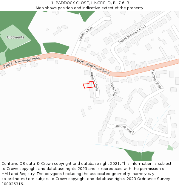 1, PADDOCK CLOSE, LINGFIELD, RH7 6LB: Location map and indicative extent of plot