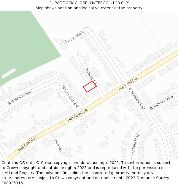 1, PADDOCK CLOSE, LIVERPOOL, L23 8UX: Location map and indicative extent of plot