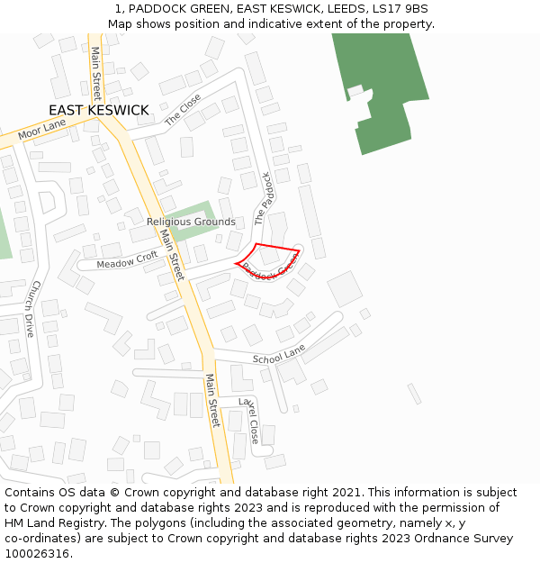 1, PADDOCK GREEN, EAST KESWICK, LEEDS, LS17 9BS: Location map and indicative extent of plot