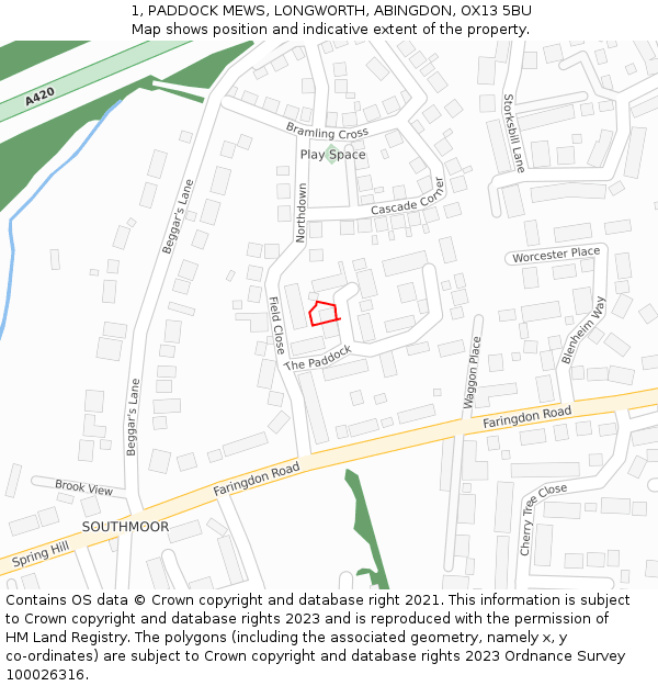 1, PADDOCK MEWS, LONGWORTH, ABINGDON, OX13 5BU: Location map and indicative extent of plot