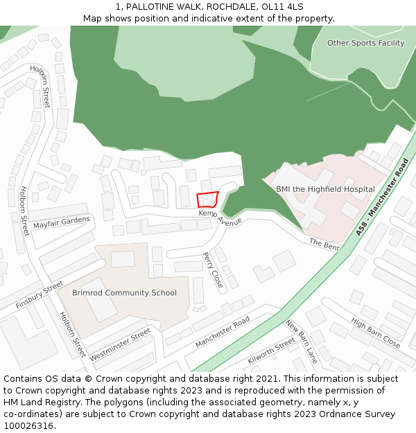 1, PALLOTINE WALK, ROCHDALE, OL11 4LS: Location map and indicative extent of plot