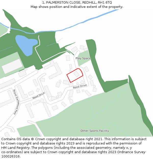 1, PALMERSTON CLOSE, REDHILL, RH1 6TQ: Location map and indicative extent of plot