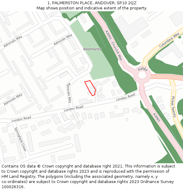 1, PALMERSTON PLACE, ANDOVER, SP10 2QZ: Location map and indicative extent of plot