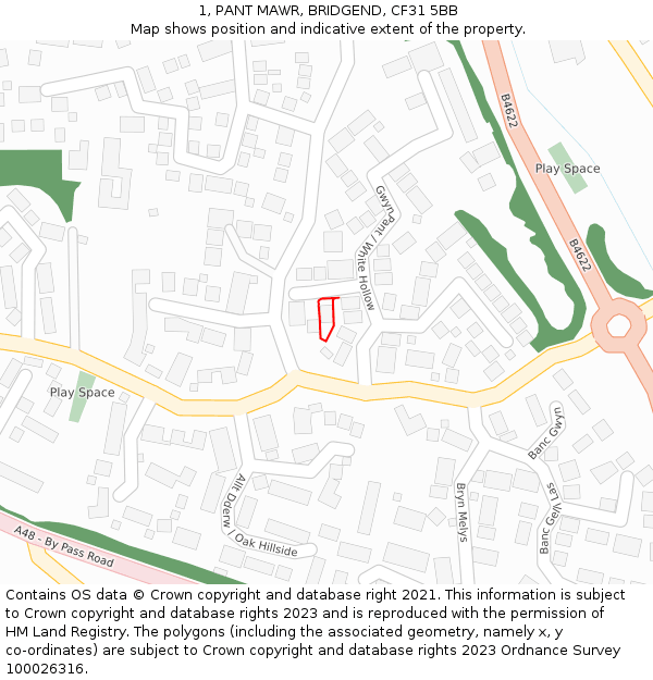 1, PANT MAWR, BRIDGEND, CF31 5BB: Location map and indicative extent of plot