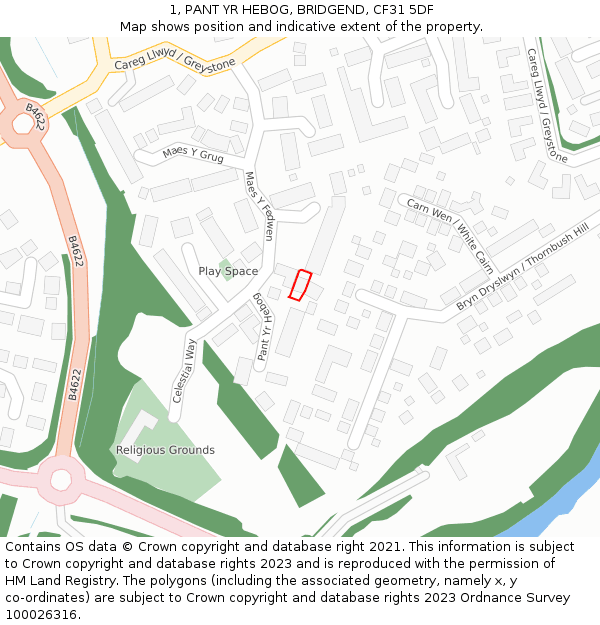 1, PANT YR HEBOG, BRIDGEND, CF31 5DF: Location map and indicative extent of plot
