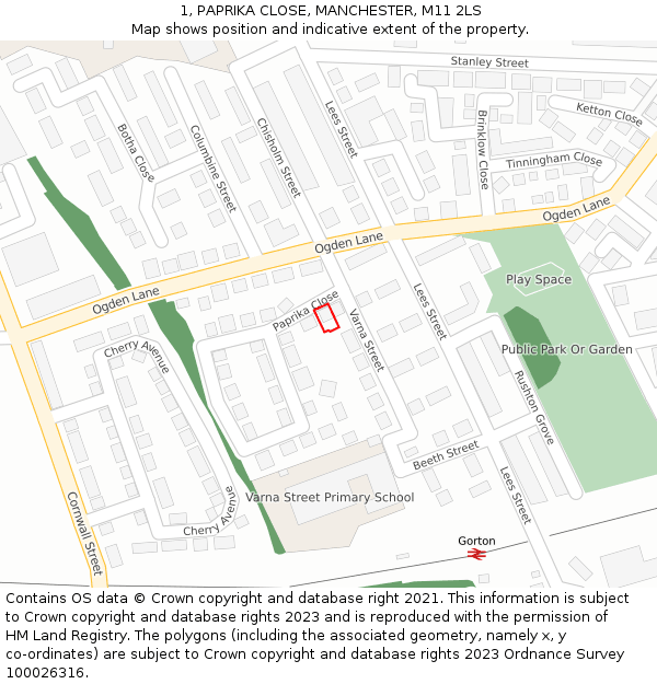 1, PAPRIKA CLOSE, MANCHESTER, M11 2LS: Location map and indicative extent of plot