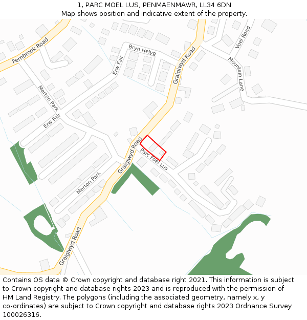 1, PARC MOEL LUS, PENMAENMAWR, LL34 6DN: Location map and indicative extent of plot