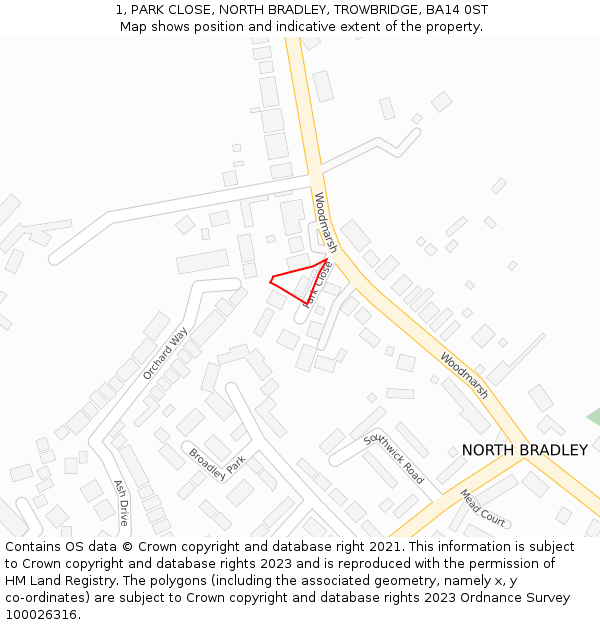 1, PARK CLOSE, NORTH BRADLEY, TROWBRIDGE, BA14 0ST: Location map and indicative extent of plot