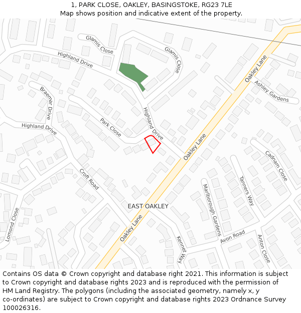 1, PARK CLOSE, OAKLEY, BASINGSTOKE, RG23 7LE: Location map and indicative extent of plot