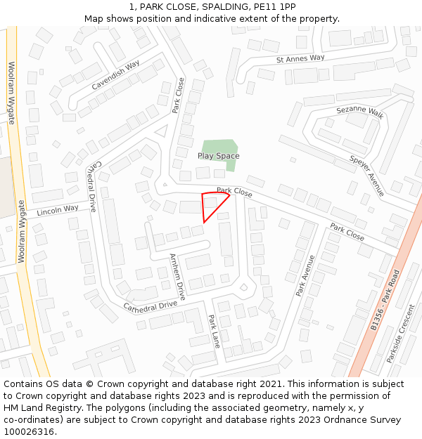 1, PARK CLOSE, SPALDING, PE11 1PP: Location map and indicative extent of plot