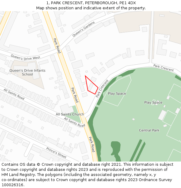 1, PARK CRESCENT, PETERBOROUGH, PE1 4DX: Location map and indicative extent of plot