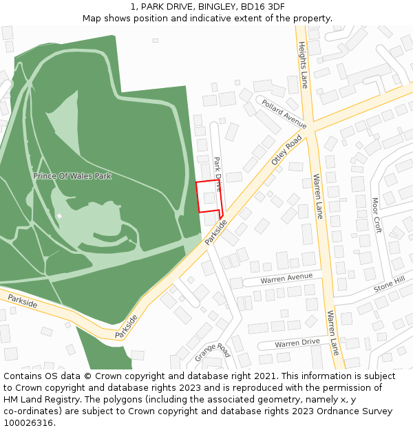 1, PARK DRIVE, BINGLEY, BD16 3DF: Location map and indicative extent of plot