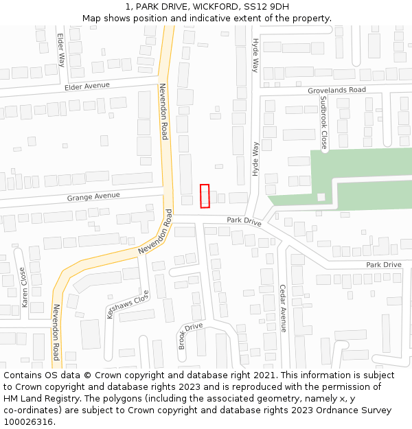 1, PARK DRIVE, WICKFORD, SS12 9DH: Location map and indicative extent of plot