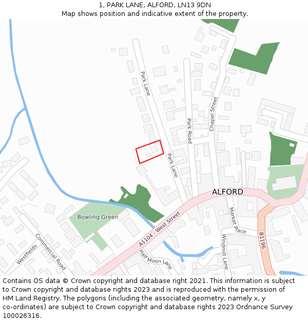 1, PARK LANE, ALFORD, LN13 9DN: Location map and indicative extent of plot