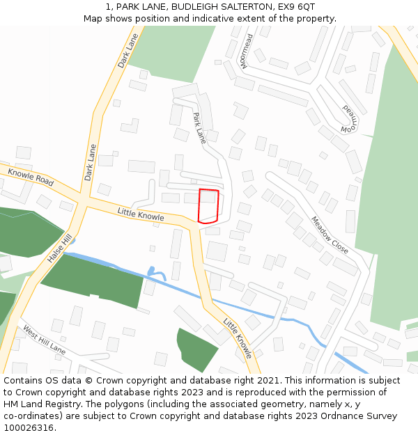 1, PARK LANE, BUDLEIGH SALTERTON, EX9 6QT: Location map and indicative extent of plot