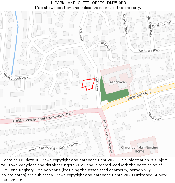 1, PARK LANE, CLEETHORPES, DN35 0PB: Location map and indicative extent of plot