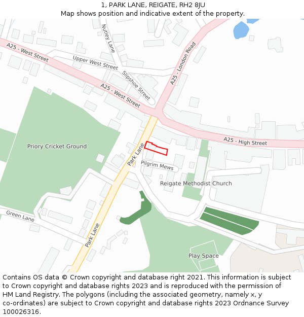 1, PARK LANE, REIGATE, RH2 8JU: Location map and indicative extent of plot