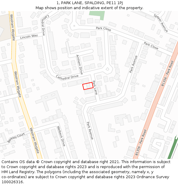 1, PARK LANE, SPALDING, PE11 1PJ: Location map and indicative extent of plot