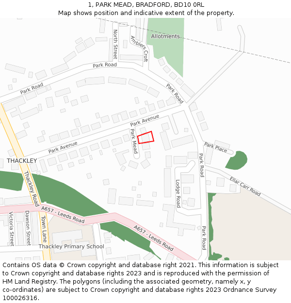 1, PARK MEAD, BRADFORD, BD10 0RL: Location map and indicative extent of plot