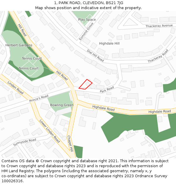 1, PARK ROAD, CLEVEDON, BS21 7JG: Location map and indicative extent of plot