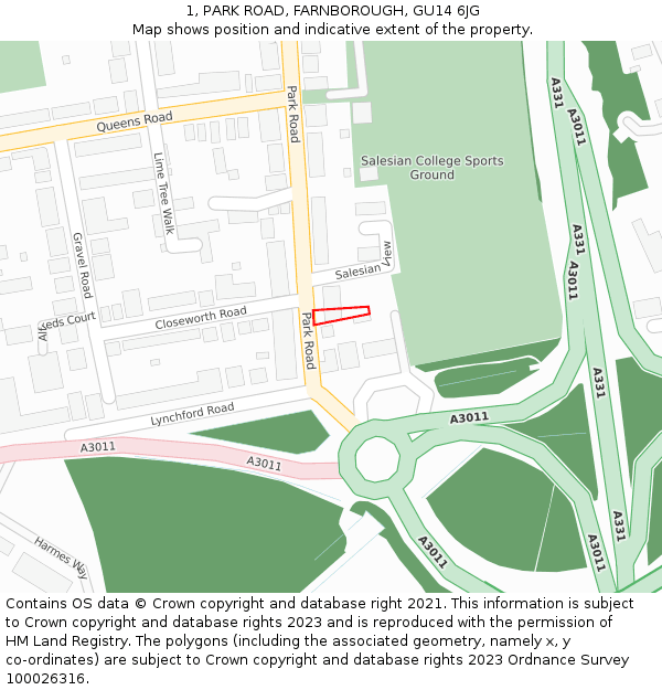 1, PARK ROAD, FARNBOROUGH, GU14 6JG: Location map and indicative extent of plot