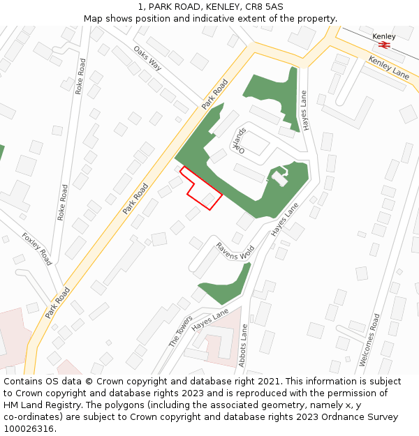 1, PARK ROAD, KENLEY, CR8 5AS: Location map and indicative extent of plot