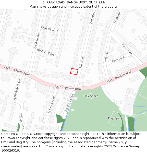 1, PARK ROAD, SANDHURST, GU47 9AA: Location map and indicative extent of plot
