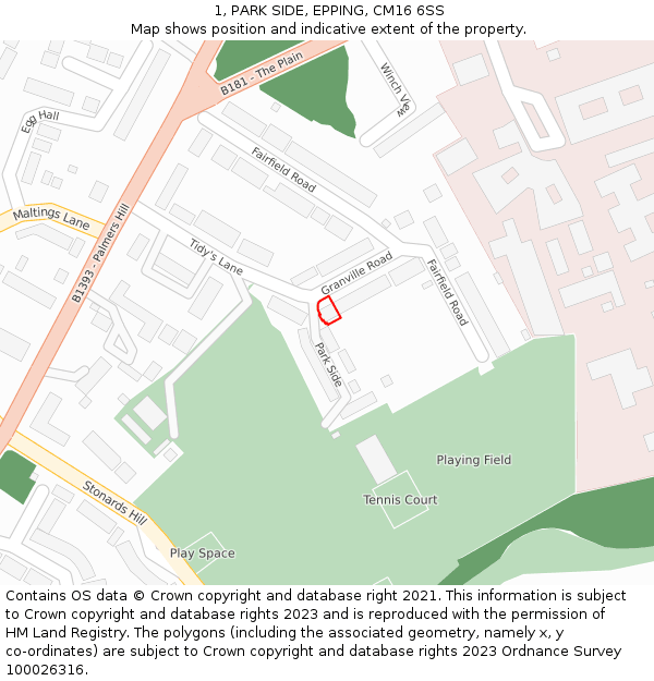 1, PARK SIDE, EPPING, CM16 6SS: Location map and indicative extent of plot