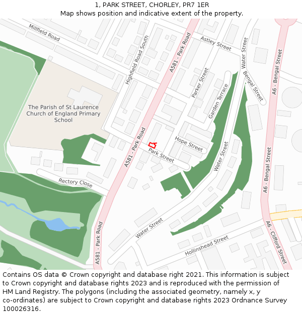 1, PARK STREET, CHORLEY, PR7 1ER: Location map and indicative extent of plot