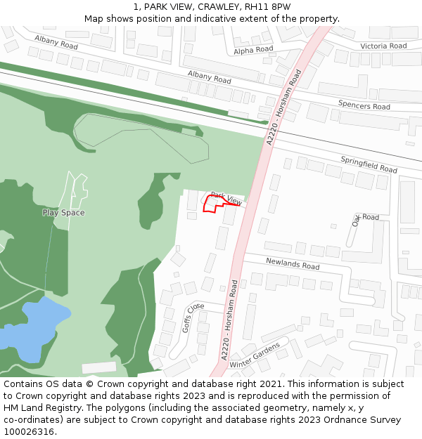 1, PARK VIEW, CRAWLEY, RH11 8PW: Location map and indicative extent of plot