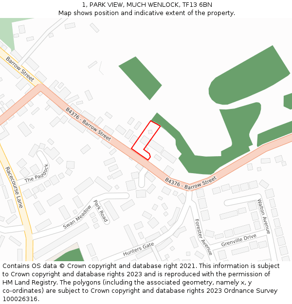 1, PARK VIEW, MUCH WENLOCK, TF13 6BN: Location map and indicative extent of plot
