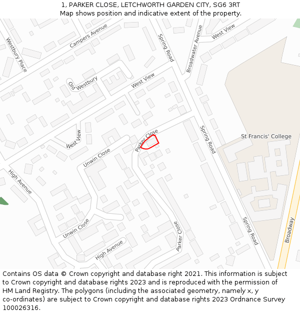 1, PARKER CLOSE, LETCHWORTH GARDEN CITY, SG6 3RT: Location map and indicative extent of plot