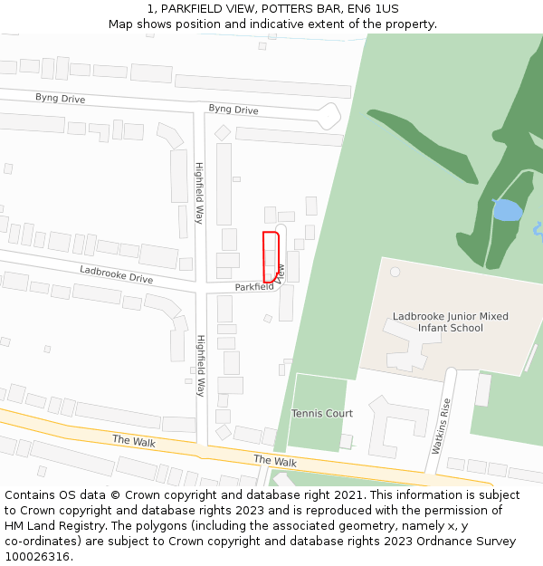 1, PARKFIELD VIEW, POTTERS BAR, EN6 1US: Location map and indicative extent of plot