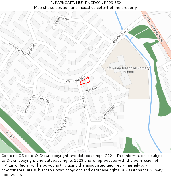 1, PARKGATE, HUNTINGDON, PE29 6SX: Location map and indicative extent of plot