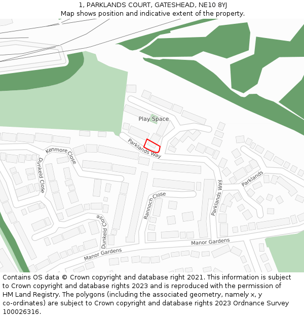 1, PARKLANDS COURT, GATESHEAD, NE10 8YJ: Location map and indicative extent of plot