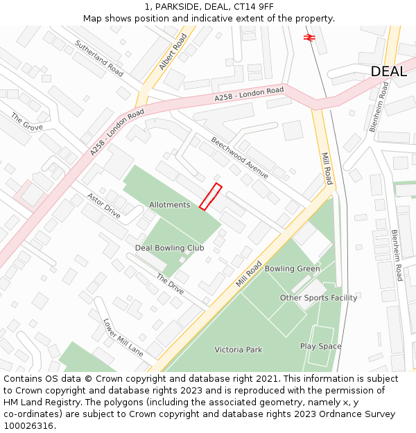 1, PARKSIDE, DEAL, CT14 9FF: Location map and indicative extent of plot