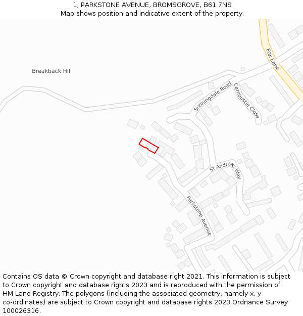 1, PARKSTONE AVENUE, BROMSGROVE, B61 7NS: Location map and indicative extent of plot