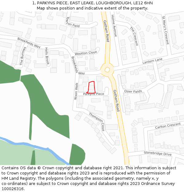 1, PARKYNS PIECE, EAST LEAKE, LOUGHBOROUGH, LE12 6HN: Location map and indicative extent of plot