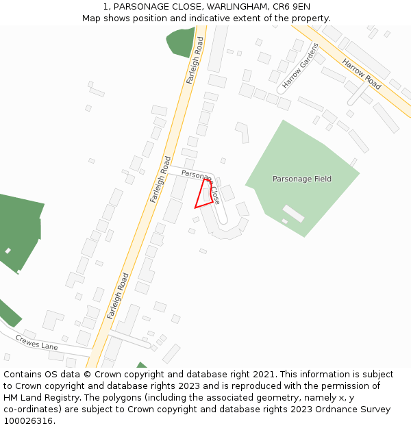 1, PARSONAGE CLOSE, WARLINGHAM, CR6 9EN: Location map and indicative extent of plot
