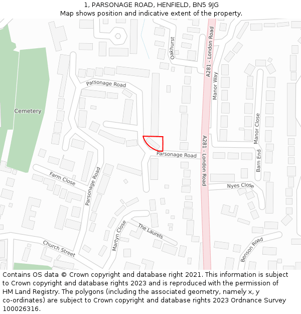 1, PARSONAGE ROAD, HENFIELD, BN5 9JG: Location map and indicative extent of plot