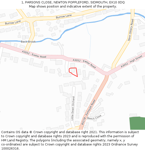 1, PARSONS CLOSE, NEWTON POPPLEFORD, SIDMOUTH, EX10 0DQ: Location map and indicative extent of plot