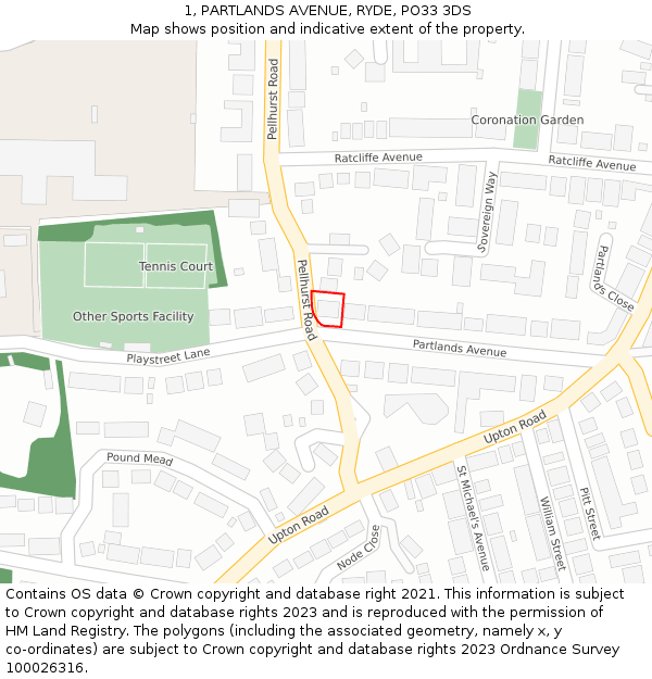 1, PARTLANDS AVENUE, RYDE, PO33 3DS: Location map and indicative extent of plot