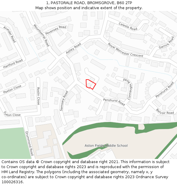 1, PASTORALE ROAD, BROMSGROVE, B60 2TP: Location map and indicative extent of plot