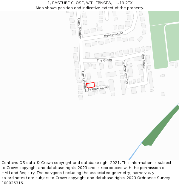 1, PASTURE CLOSE, WITHERNSEA, HU19 2EX: Location map and indicative extent of plot