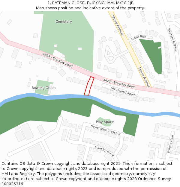 1, PATEMAN CLOSE, BUCKINGHAM, MK18 1JR: Location map and indicative extent of plot